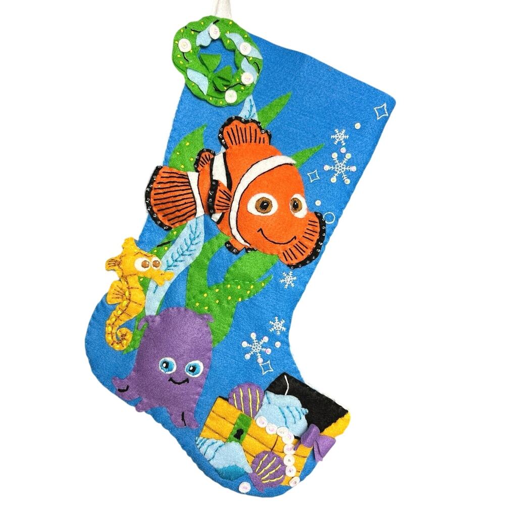 Rare Disney Finding Nemo 3D embroidered Christmas stocking 18” hand sewn